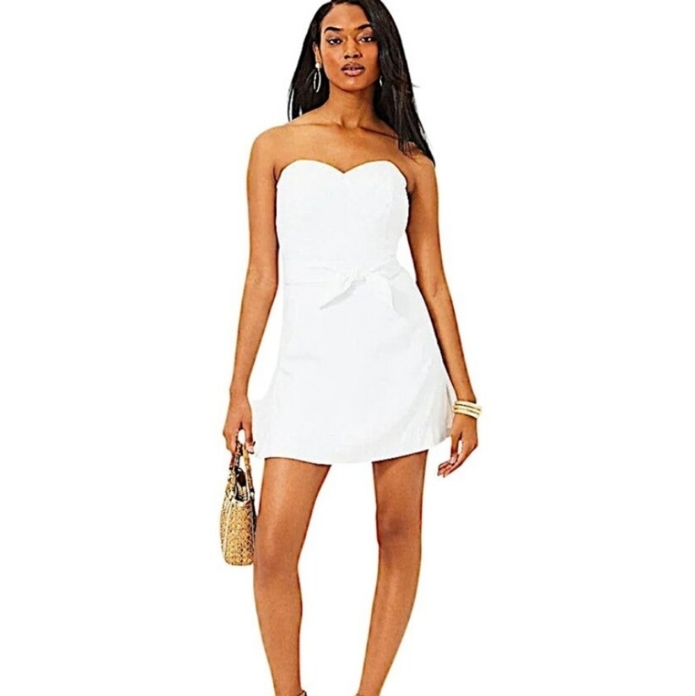 Lilly Pulitzer Kylo strapless white crepe skirted romper with belt - Picture 1 of 13